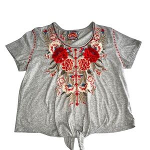 Johnny Was Los Angeles Gray Floral Embroidered Tie Front Tee Shirt Top L